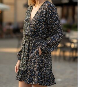 Zara Black Dress with Blue and Tan Floral Pattern small